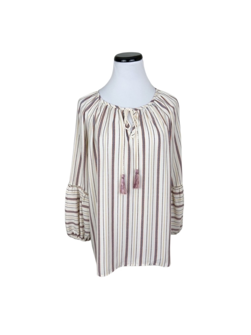 Mystree Striped Tassel Tie Neck Boho Long Sleeve Blouse Top Size Medium